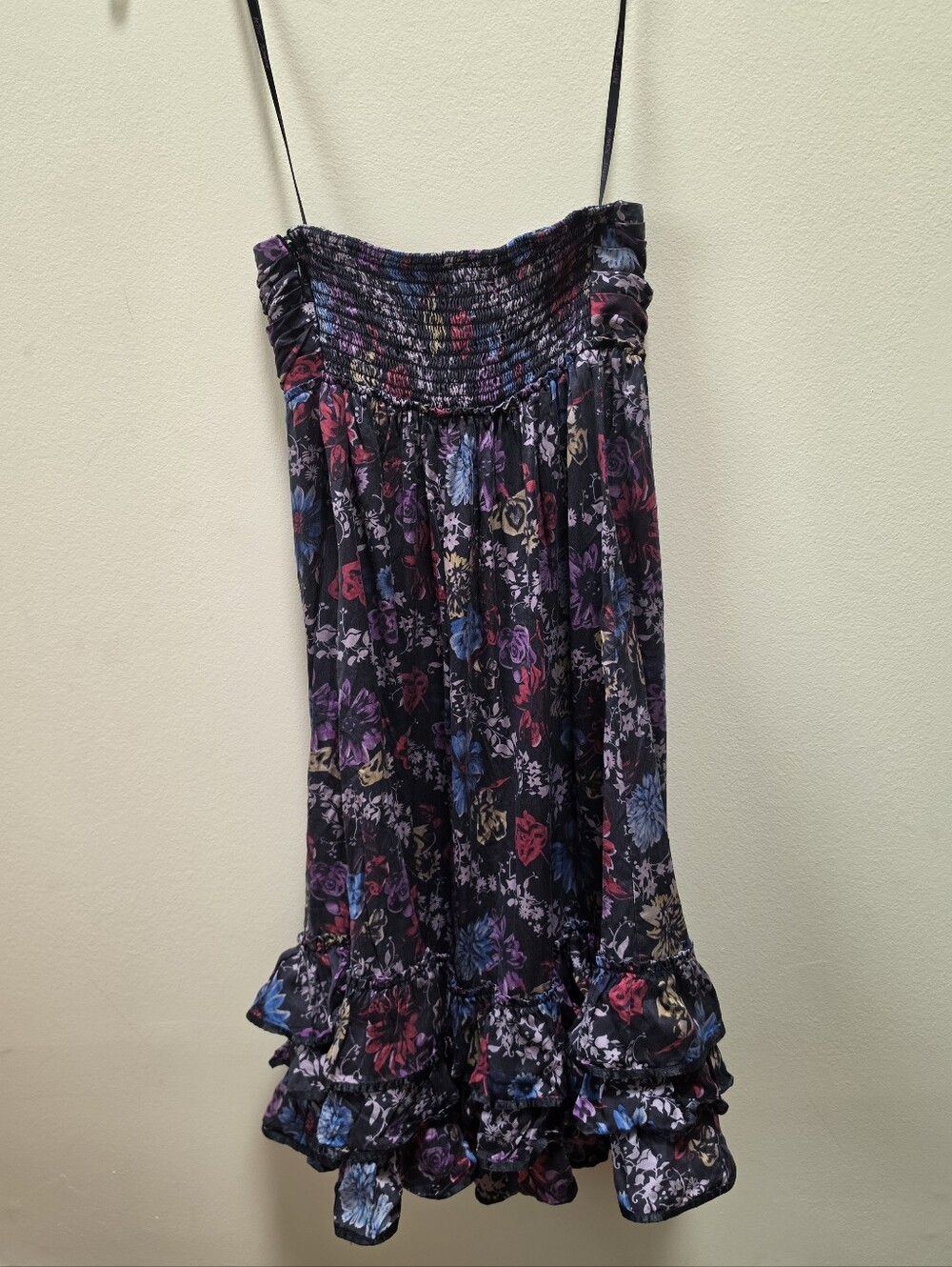 Betsey Johnson Vintage Y2K Silk Floral Ruffles Smocked Tulip Dress Fairy Black 2 - Picture 3 of 16